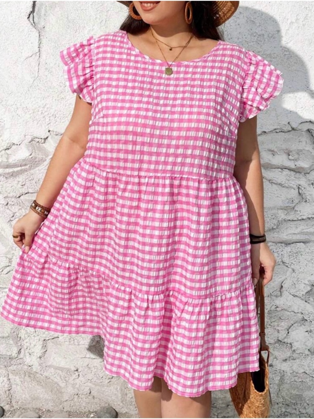 SHEIN Pink and White Gingham Midi Dress